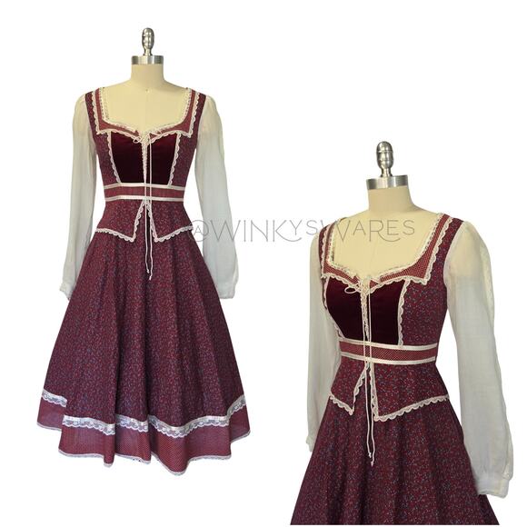 Gunne Sax Peplum Midi Dress Size 9 Burgundy Floral Calico Velvet Corset 70s VTG - Picture 1 of 10